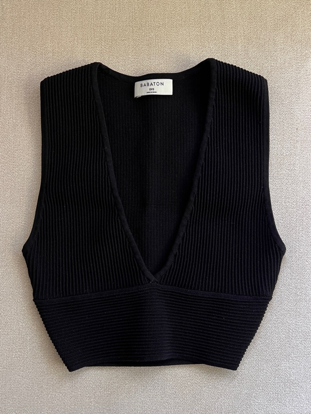 Babaton Black Ribbed Bodycon V-Neck Top